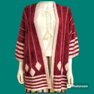 chloah Geometric Shaggy Eyelash Open Front Dolman Sleeve Varsity Cardigan